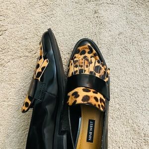 Worn twice leopard patent loafers